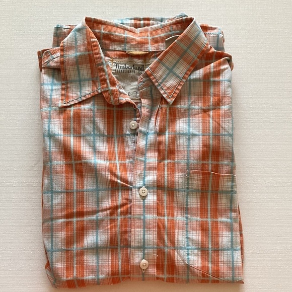 Timberland Mens Shirt XL Short Sleeve Cotton Button Front Orange Plaid - Picture 2 of 10